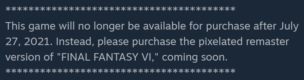 《最终幻想5、6》将在7月底从Steam下架